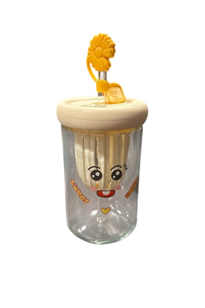 BOXMONİ 400 Ml Desenli Cam Pipetli Cam detox matara Bardak Süt,Su.Meşrubat,Li...