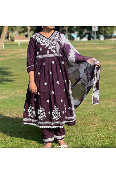 IndHeritage Premium purple cotton 3pc women's kurti set /kurta set / salwar s...