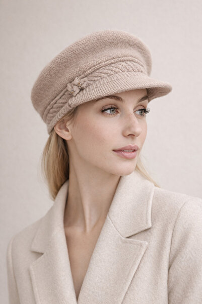 Şirin Giyim Aksesuar Yumuşak Dokulu Yünlü Şık Kasket Şapka Bej - Siperli Kadın