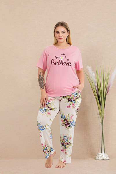 MOPİ Plus Size Crew Neck Patterned Short Sleeve Pajama Set