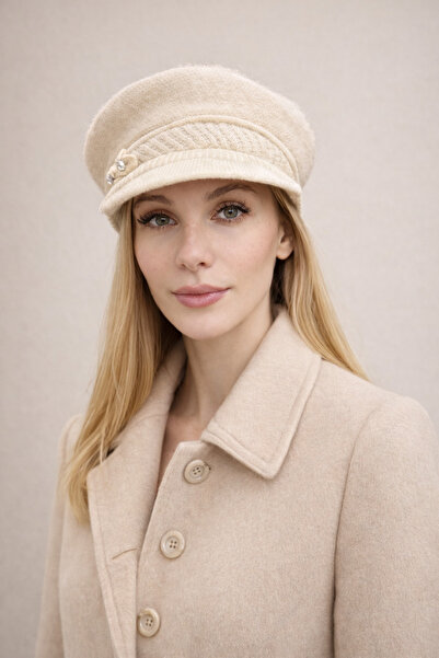 Şirin Giyim Aksesuar Yumuşak Ekru Dokulu Yünlü Şık Kasket Şapka - Siperli Kadın