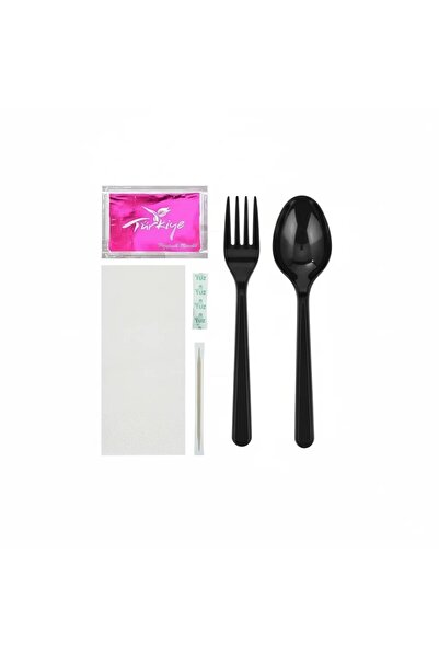 CanpaAmbalajMarketing Black Plastic Fork Spoon Wet Wipes Toothpick Salt Set 1...