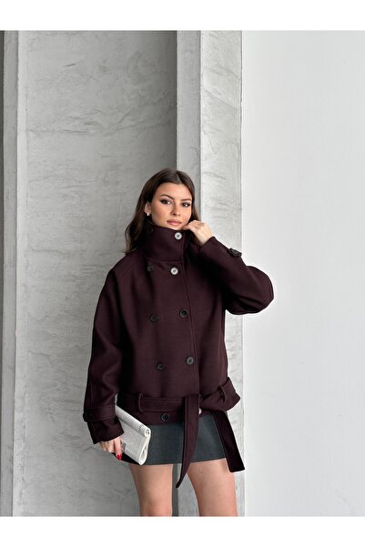 asyadabutik Women's Mock Neck Belted Short Lined Cashmere Coat