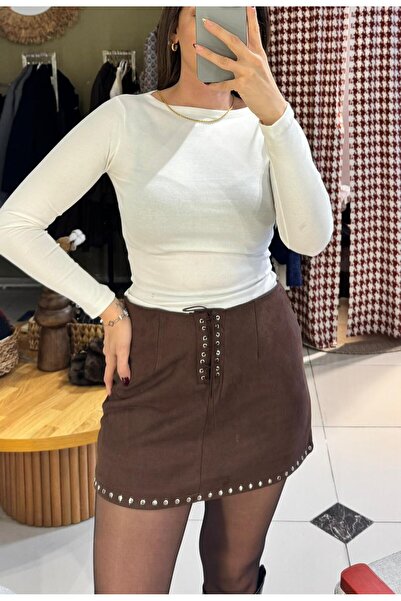 LOVENT BUTİK Kahverengi süet bağlamalı mini etek