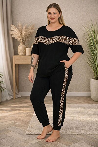 MOPİ Plus Size Short Sleeve Crew Neck Leopard Detailed Pajama Set