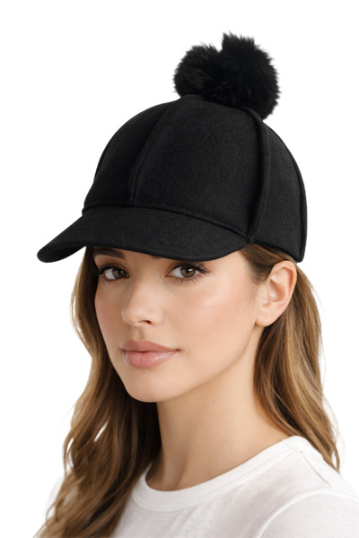 CosmoOutlet Women's Black Rider Model Plush Pompom Winter Cashmere Hat