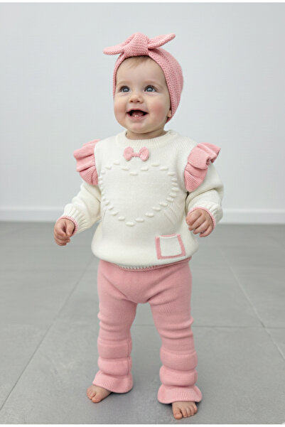 ninnigo Kız Bebek Triko 3lü Takım Papyonlu Kalp Nakışlı İspanyol Paça Fırfırl...