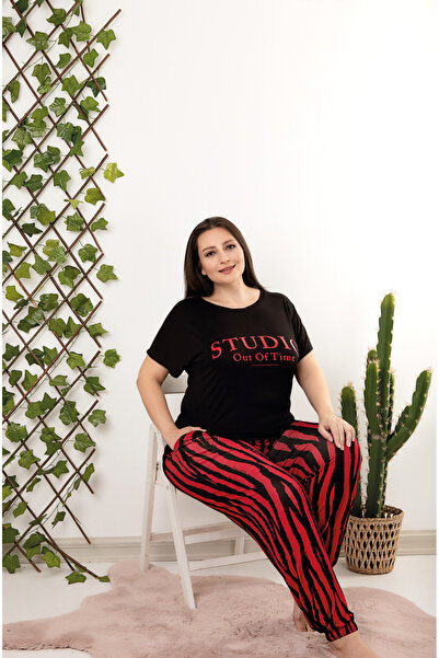 MOPİ Plus Size Crew Neck Patterned Short Sleeve Pajama Set