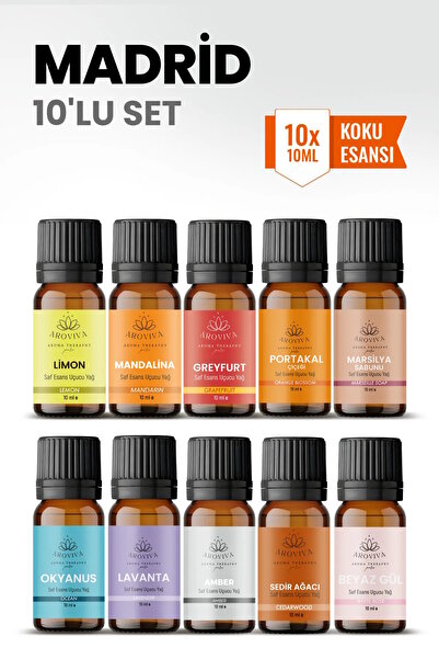 Aroviva Madrid 10’lu Oda Kokusu Seti – Buhurdanlık Yağı, Difüzör Esansı ve Es...