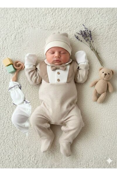Mymio Yenidogan erkek bebek şık tasarım pamuklu pliseli papyon detaylı patikl...