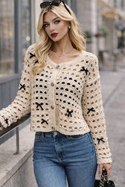 Noa&Noa Women's Ribbon Detailed Lace-Like Knit Cardigan – Cream Charm