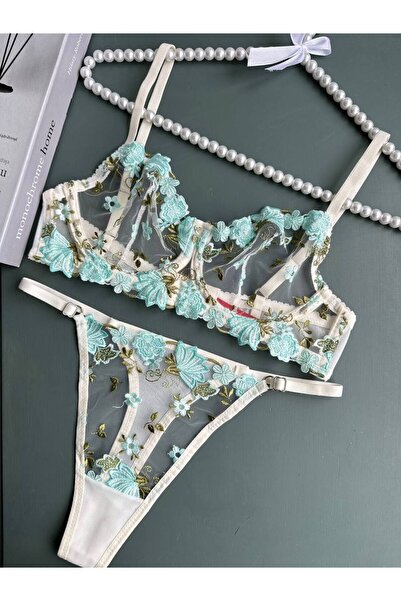 RUYAZ TEKSTİL Mint Green Transparent Lace Bra Panty Set (Bralette Thong)