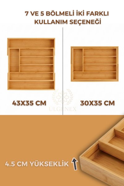 Ulgenex Bamboo Sliding Multi-Purpose Drawer Cutlery Holder with 7 Compartments - Adjustable Cutlery Holder and Organizer
