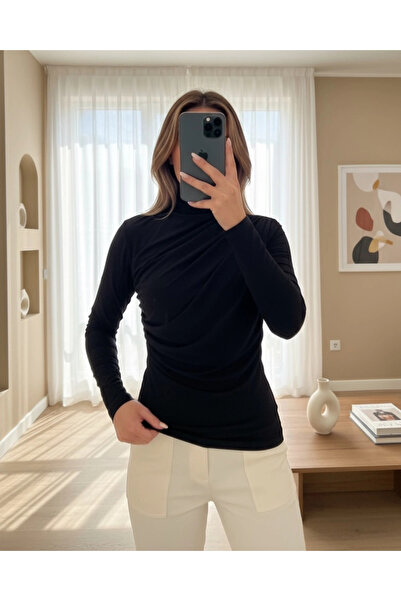 nedo7 Half-Neck Gathered Sandy Blouse - Black