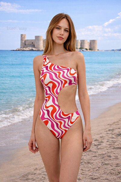 Burcumay Women's One Shoulder High Waist Cutout Patterned Pink Mayokini