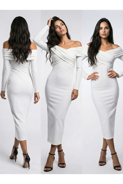 OLSAMODA Women's Cross-Necklace Drape Detail Flexible Fabric Design Dress