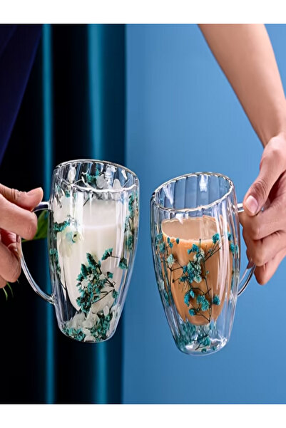 CUPPERA Isıya Dayanıklı Çift Cidarlı Çizgili Kurutulmuş Canlı Çiçekli Kupa