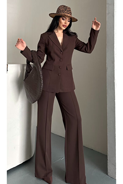 pembekurdelem Women's Fabric Button Detail Jacket Pants Set Brown