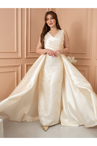 TREN Elegant Ivory Taffeta Evening Gown with Train | Sleeveless Wrap Bodice |...