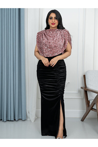 TREN Luxurious Black Velvet Maxi Dress with Sequin Embellished Bodice and Sid...