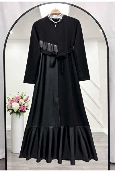 MODA VEDAT Women's Leather Detailed Crepe Dress -0450