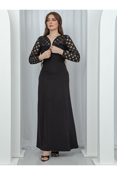 TREN Elegant Black Evening Maxi Dress With Embroidered Tulle Jacket Long Slee...