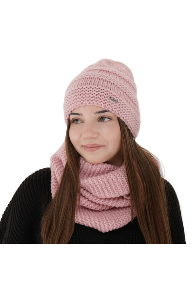 OEM Winter set: Driva hat and circular scarf, pink color, with merino wool, U...