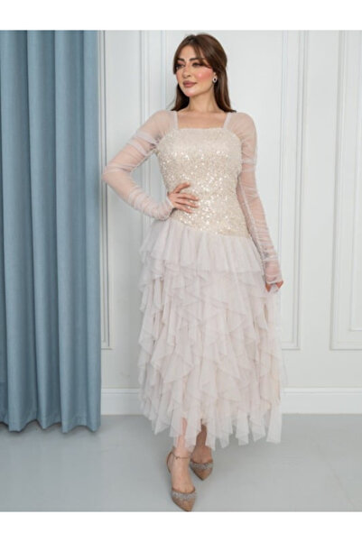 TREN Elegant Sequin Tulle Evening Dress Long Sleeve Layered Maxi Gown Party W...