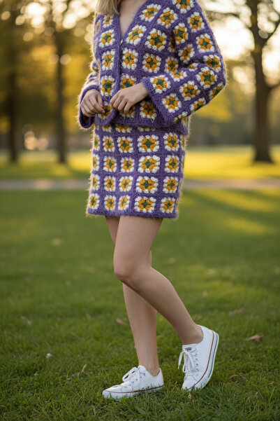 pulur.co Lilac Square Patterned Hand Knitted Crochet Short Soft Skirt