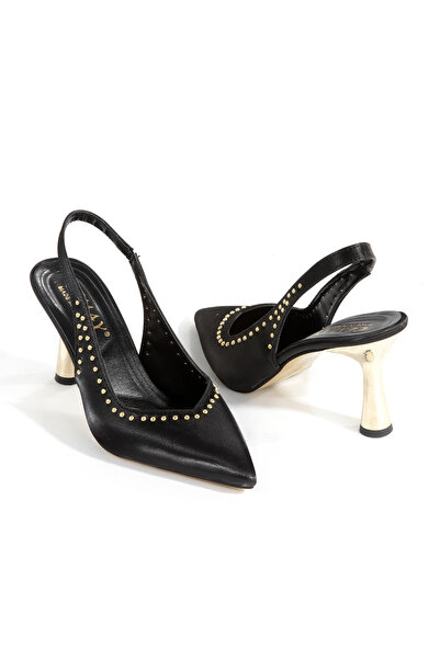 CEMAY حذاء نسائي بكعب عالٍ مدبب ومفتوح من الخلف (9 سم) بلون ذهبي مطلي بالجلفنة