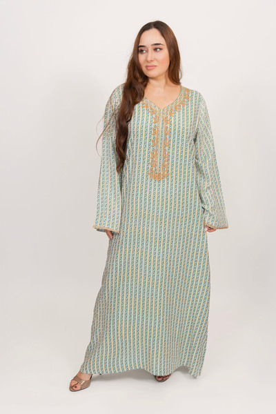 LINELLE Blue & White Jalabiya Women – Vertical Stripes Print with Brown Embro...