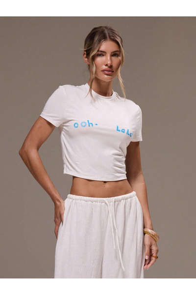 macklin Women's Ooh Lala Printed Crew Neck Baby Tee Combed Cotton Crop Tshirt