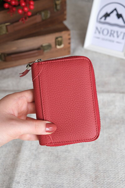 Norvi Leather Leather Card Holder with Zippered Accordion Compartment Red 1260