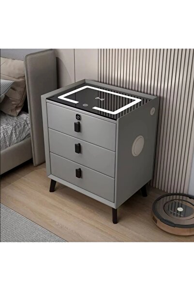 EMATTEIRO Smart Bedside Table Gray 50x40x59cm, Phone Charging, Sensor, Speake...