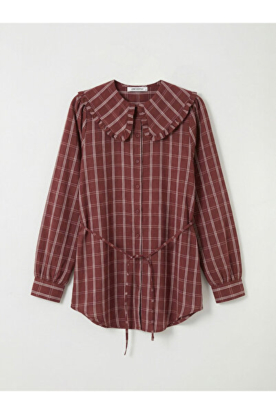 LC Waikiki Cămașă-tunică de damă Burgundy guler tip Peter Pan ecosez de la Gü...