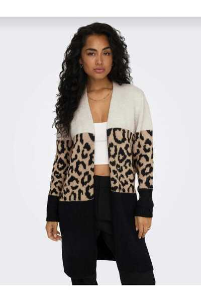 LAVRE Leopard Print Soft Textured Long Knit Cardigan