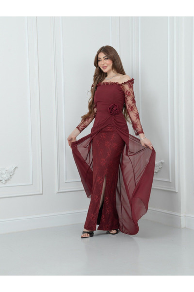 TREN فستان سهرة رسمي طويل الأكمام من الدانتيل بلون بورغندي مكشوف الكتفين مع ط...