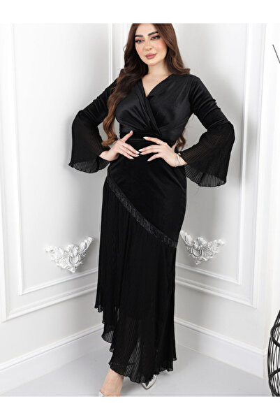 TREN Black Velvet Wrap Dress with Chiffon Sleeves | Evening Gown | Plus Size ...