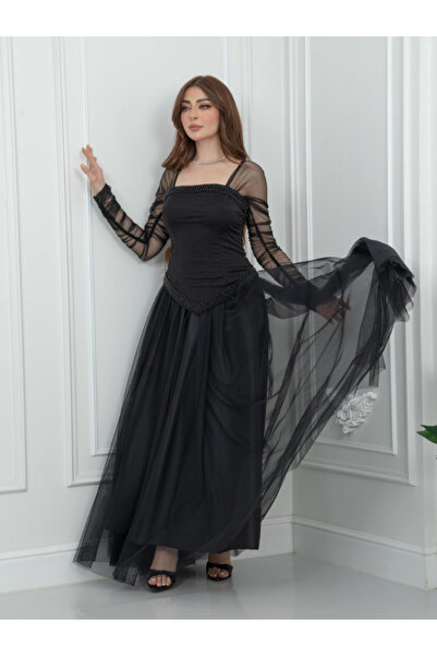 TREN Black Tulle Evening Gown with Sheer Mesh Sleeves and Ruffled Maxi Skirt ...