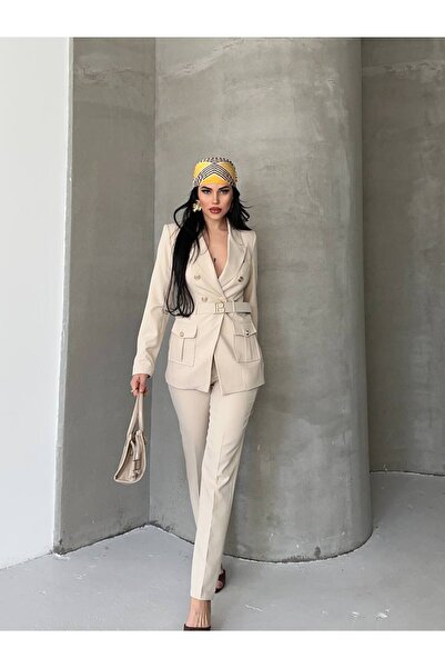 Bella Breeze Women's Gold Button Detailed Blazer Jacket Pants Suit