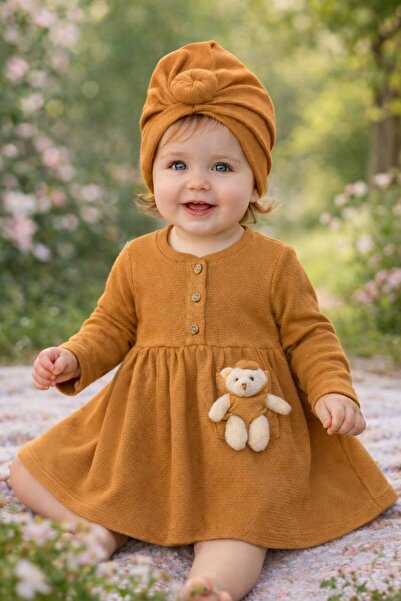 popshops baby Kız Bebek Müslin Elbise & Türban Takımı – Ayıcıklı Cep Detaylı,...