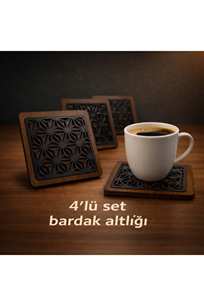 4'lü Geometrik Motifli Ahşap Bardak Altlığı