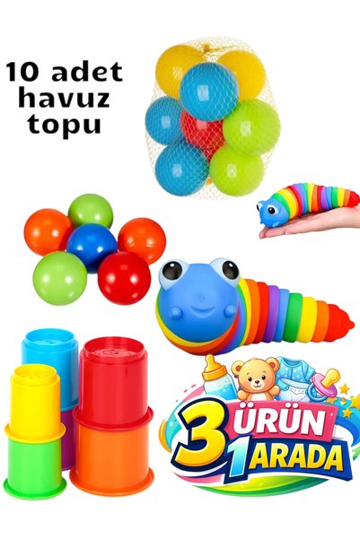 Depomiks Avm Esnek Renkli Hareketli Tırtıl 6 parça Renkli bardak kule 10 adet...