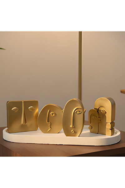 GOLD DEKORATİF MODERN 5 PARÇA GEOMETRİK BOHEM SUNUM TEPSİLİ YÜZ FİGÜR SETİ