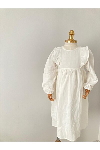 UHDE STORE Kız Çocuk Ekru Tesettür Müslin Elbise Merasim Elbisesi Umre Elbisesi