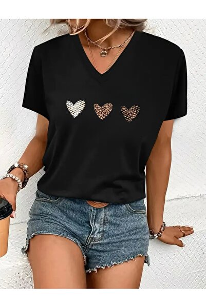 FUFLUNS Patterned Hearts Printed Women's Oversize V-Neck T-Shirt