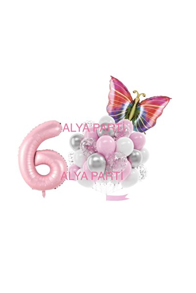 ALYA PARTİ 6 Yaş Rakam Folyo Balonlu Kelebek Doğum Günü Konsepti