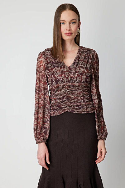 ON TRİKO V-Neck Patterned Chiffon Blouse 62302