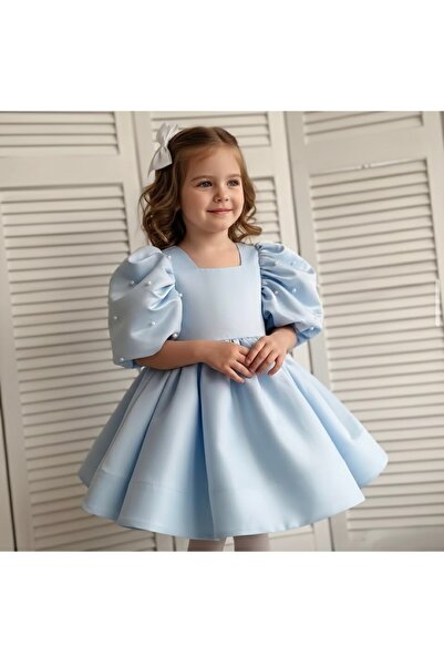 Asel Kids Момичешка мини рокля с балонни ръкави и перлени детайли