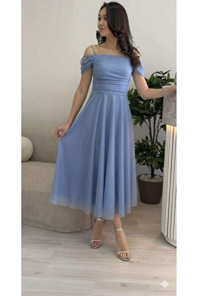 zoezoe Kadın Midi Boy Kloş Askılı Düşük Omuz Abiye Elbise Beyaz, Lacivert, Li...